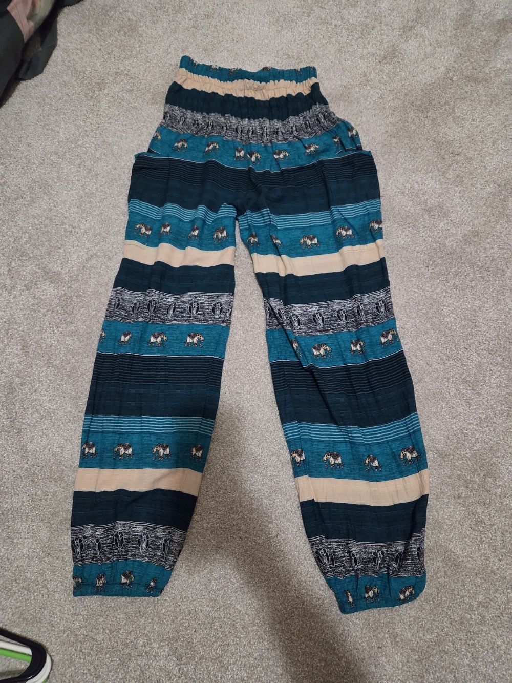 Boho Striped Elastic-Waist Pants in Teal and Cream